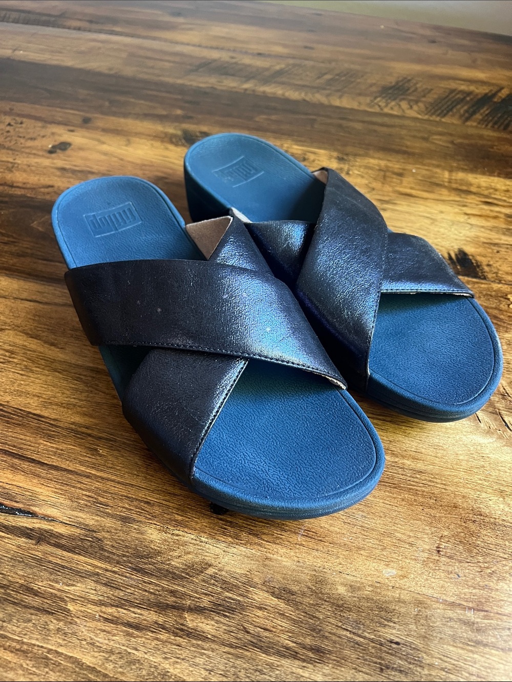 Fitflop Lulu Cross Glitz Slide Sandal Navy Sz 9 Comfort Sandal